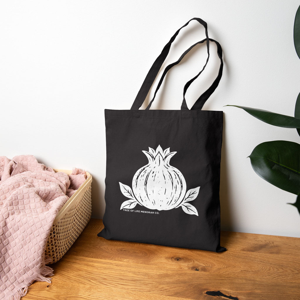 Floral Pomegranate Vine Tote Bag — Black Cotton Canvas Market Bag