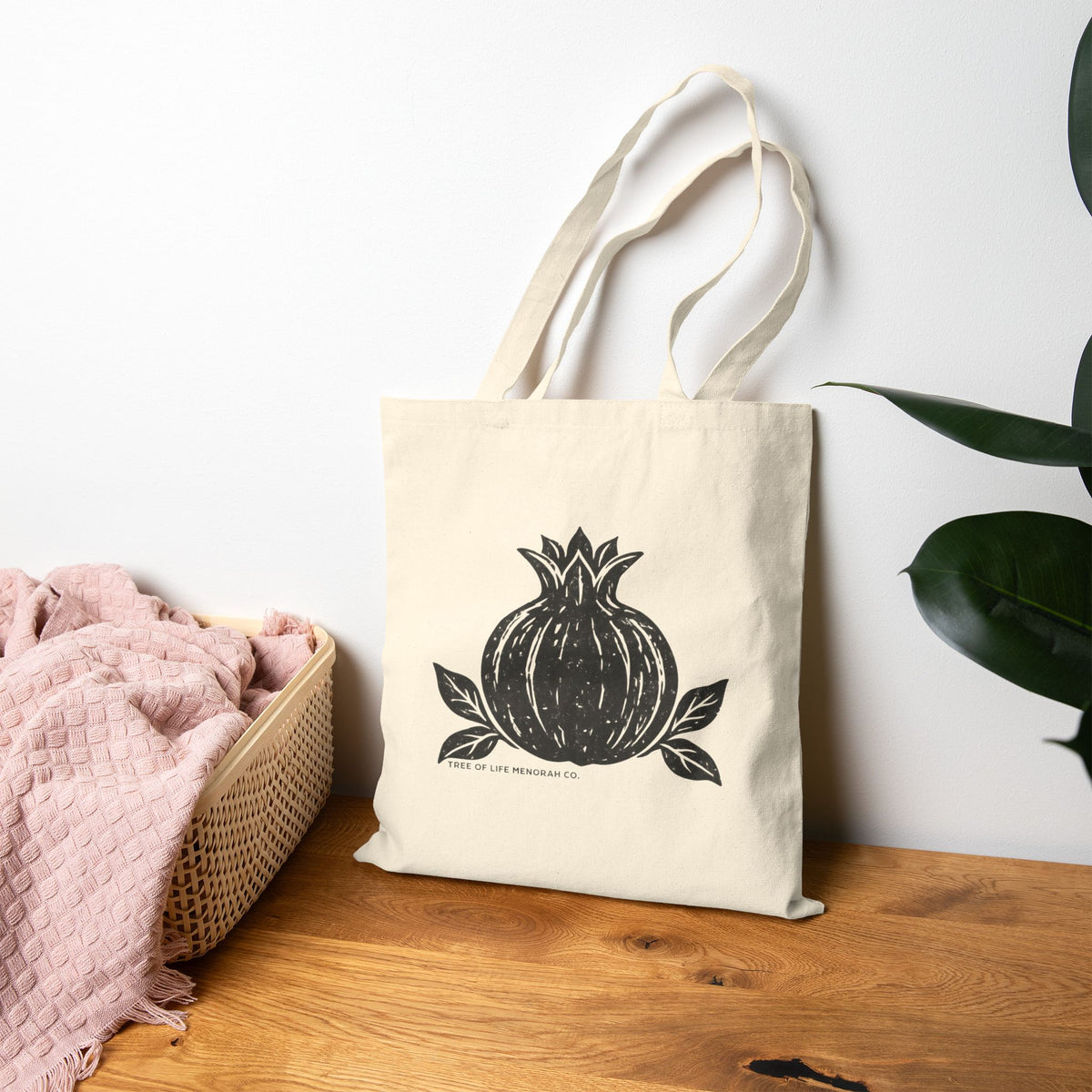 Floral Pomegranate Vine Canvas Tote - Botanical Vertical Print Cotton Shopping Bag