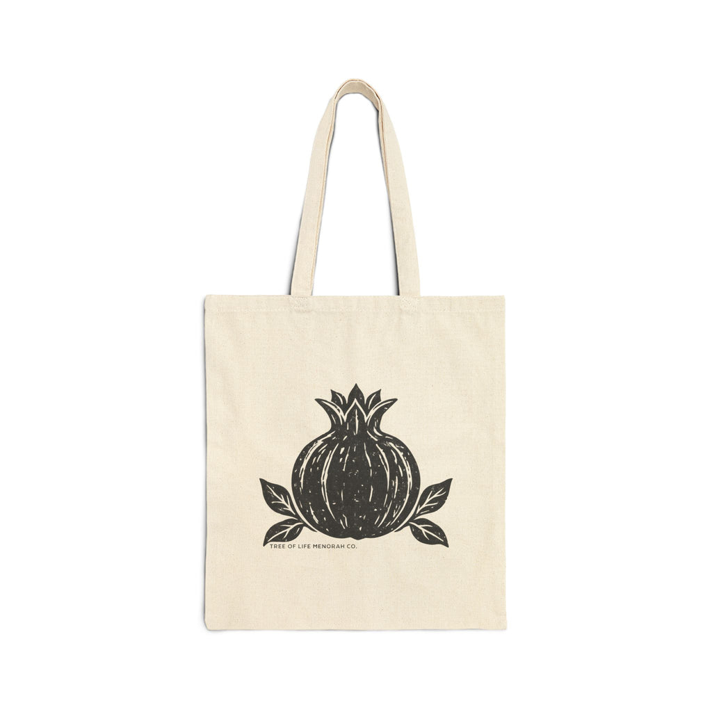 Floral Pomegranate Vine Canvas Tote - Botanical Vertical Print Cotton Shopping Bag