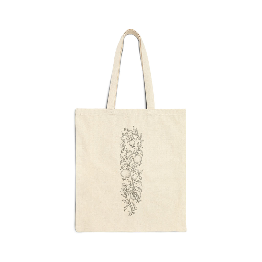 Floral Pomegranate Vine Canvas Tote - Botanical Vertical Print Cotton Shopping Bag
