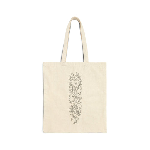 Floral Pomegranate Vine Canvas Tote - Botanical Vertical Print Cotton Shopping Bag