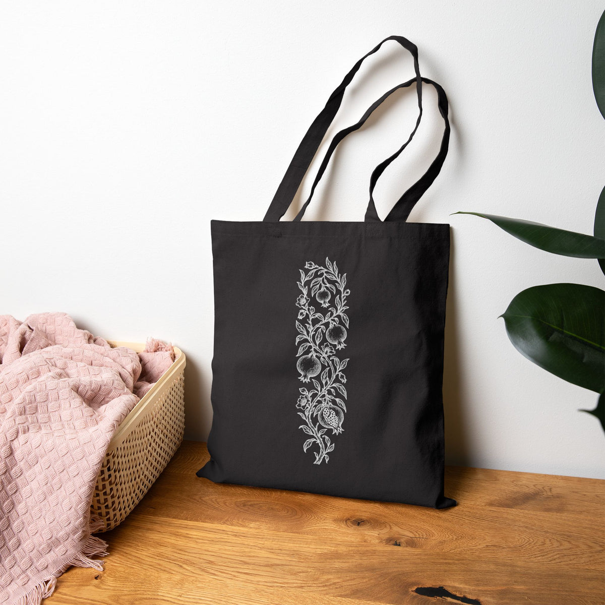 Floral Pomegranate Vine Tote Bag — Black Cotton Canvas Market Bag