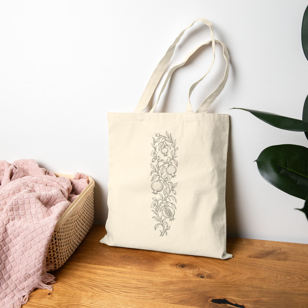 Floral Pomegranate Vine Canvas Tote - Botanical Vertical Print Cotton Shopping Bag